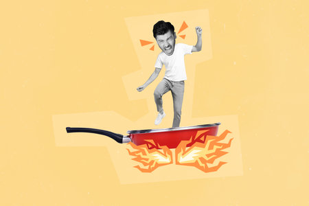 Creative illustration photo collage of angry mad person shouting yell stand on burning frying pan isolated on beige color backgroundの写真素材