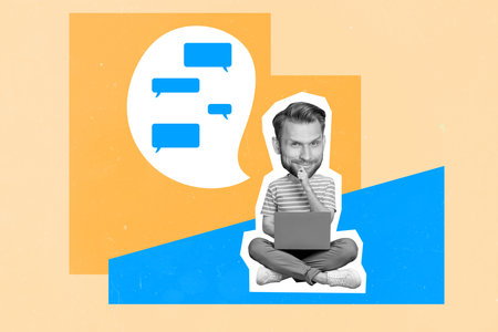 Poster banner template collage of sly blogger guy using netbook have chat with blog followersの写真素材