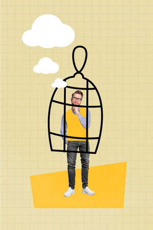 Creative magazine template collage of imprisoned worker guy thinking about freedom business challenge conceptの写真素材
