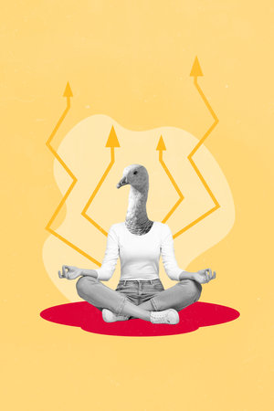 Vertical collage picture of black white effect girl swan head sit crossed legs meditate growing arrows upwards isolated on beige backgroundの写真素材