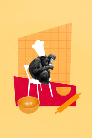 Vertical collage image of black white effect monkey chef sit chair pour drink rolling pin bowl isolated on beige backgroundの写真素材