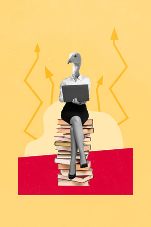 Vertical collage image of black white gamma girl swan head sit pile stack book use netbook growing arrows upwards isolated on beige backgroundの写真素材