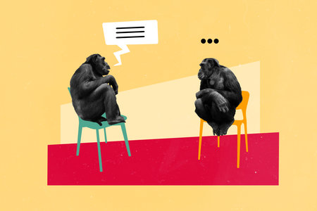 Creative collage of two funny gorillas dialogue sitting human chairs conversation about banana deals isolated on yellow backgroundの写真素材
