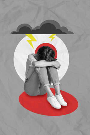 Vertical artwork sketch picture collage of sad lady worker crying suffering work conflict lost job isolated on grey drawing backgroundの写真素材