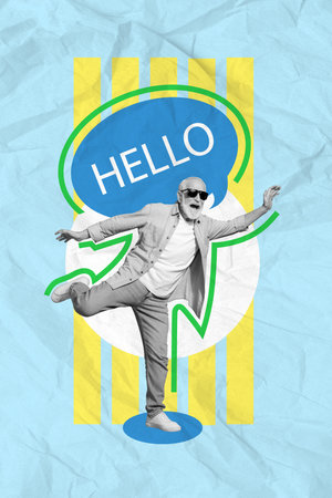 Creative poster brochure picture collage of cheerful positive carefree guy walk enjoy party nice meeting isolated on drawing backgroundの写真素材
