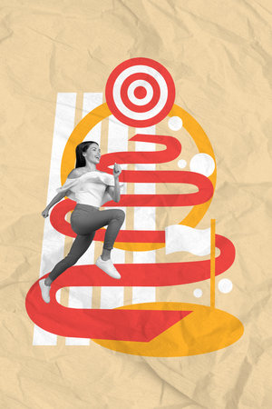 Creative poster sketch picture image collage of positive cheerful happy sporty girl running finish isolated on drawing backgroundの写真素材