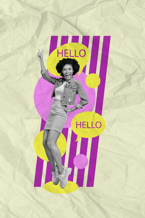 Collage template picture image magazine poster of overjoyed joyful crazy girl have fun celebrate date disco isolated on painted backgroundの写真素材