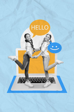 Vertical creative photo sketch collage of funny positive schoolgirls classmates standing on laptop greetings isolated drawing backgroundの写真素材