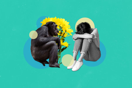 Creative retro 3d magazine collage image of upset lady dislike monkey boyfriend presenting flowers isolated painting backgroundの写真素材