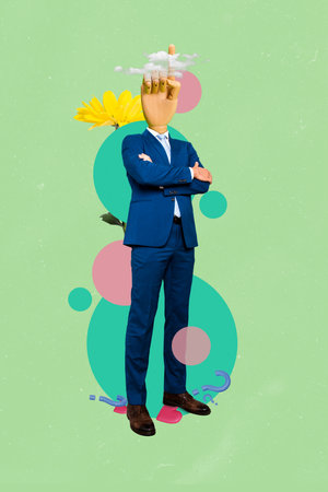 Collage 3d pinup pop retro sketch image of confident guy puppet arm palm instead head pointing finger isolated painting backgroundの写真素材