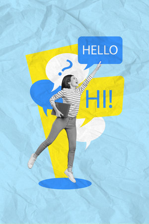 Vertical creative photo 3d collage of nice happy girl hold laptop say hello virtual communication isolated on blue paper backgroundの写真素材