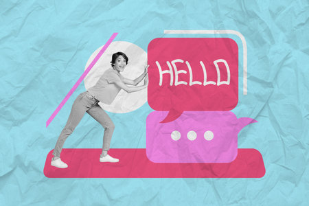 Photo cartoon comics sketch collage picture of excited funny lady pushing hello message isolated drawing backgroundの写真素材