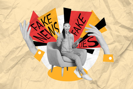 Creative concept abstract collage photo of young excited funny woman sit on chair hold tablet read fake news isolated drawing backgroundの写真素材