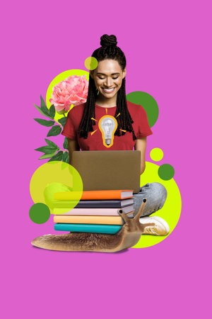 Creative 3d photo artwork graphics collage painting of happy smiling lady remote education modern...