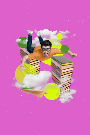 3d retro creative artwork template collage of funny funky guy jumping parachute between book towers...