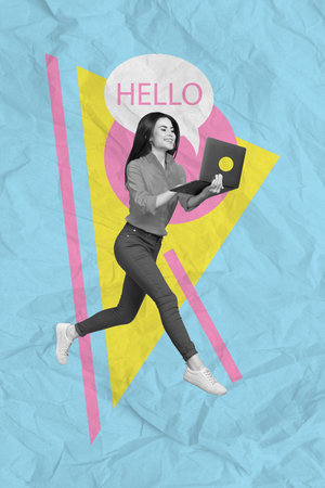 3d retro abstract creative artwork template collage of excited funny lady running texting modern...