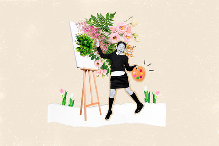 Creative collage portrait of black white colors positive girl drawing fresh spring flowers isolated on painted backgroundの写真素材