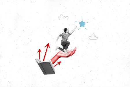 Composite collage picture of black white gamma opened book arm palm hold mini excited guy reach clouds sky star isolated on painted backgroundの写真素材