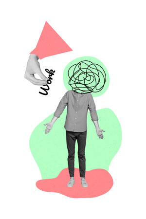 Collage poster magazine artwork photo of weird unusual young guy no face postponing work duties task isolated on white drawing backgroundの写真素材