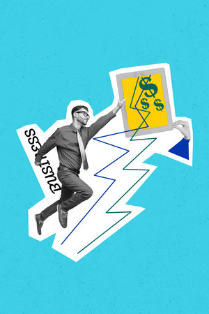 Vertical collage picture black white colors arm hold tablet mini jumping guy earn money online isolated on blue backgroundの写真素材