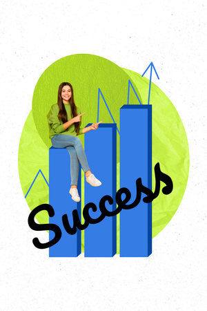 Modern photo collage creative poster of happy girl sitting showing presenting stats demonstrate...