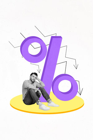 Vertical minimalistic photo collage creative poster of unhappy man sitting thinking solution strategy plan isolated on drawing backgroundの写真素材