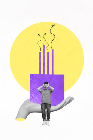 Vertical collage portrait of black white effect arm palm hold power station arrows up growing pollution impressed mini guy isolated on white backgroundの写真素材