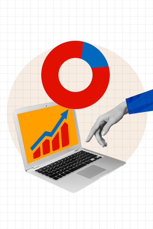 Vertical collage picture of black white gamma arm reach netbook screen growing arrow upwards statistics diagramの写真素材