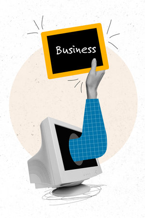 Vertical collage image of back white colors arm fingers through computer monitor hold business tablet isolated on creative backgroundの写真素材