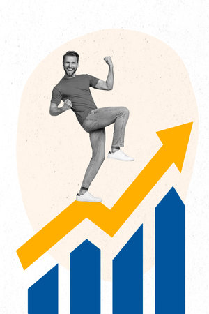 Creative promo ad collage of young successful business owner guy his company statistics orders growing hooray isolated on beige backgroundの写真素材