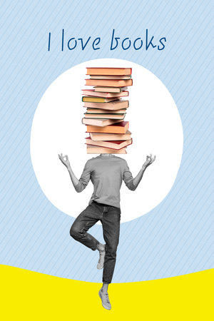 Creative photo advertisement new bookshop collage man headless balancing relax enjoy read materials knowledge isolated on blue backgroundの写真素材