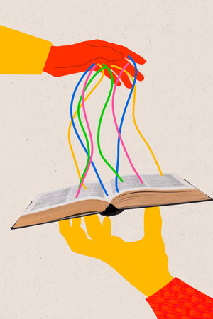 Vertical collage picture of drawing human arms hold absorb book information knowledge isolated on painted backgroundの写真素材