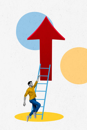 Creative photo collage of business improvement concept career growth high income man climbing ladder...
