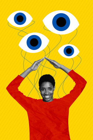 Vertical artwork collage picture of black white gamma positive person arms show roof gesture watching eyes connection isolated on yellow backgroundの写真素材