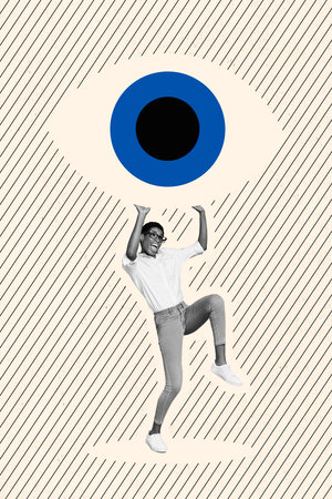 Vertical collage image of impressed black white colors person arms hold huge eye isolated on drawing creative backgroundの写真素材