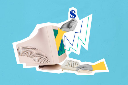 Creative collage picture of black white colors hand hold dollar money symbol inside pc display...