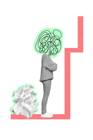 Vertical collage picture of black white girl painted mess instead head big crumpled paper isolated...