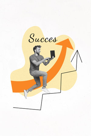Vertical creative photo collage of happy excited successful guy increase investments hold laptop isolated on white color backgroundの写真素材