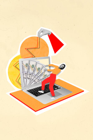 Vertical creative abstract photo collage of happy young person make virtual money income online with laptop isolated on drawing backgroundの写真素材