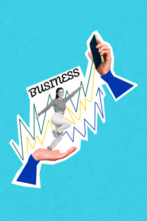 Poster picture collage image of happy girl rejoice business success increasing earnings salary isolated on drawing blue color backgroundの写真素材
