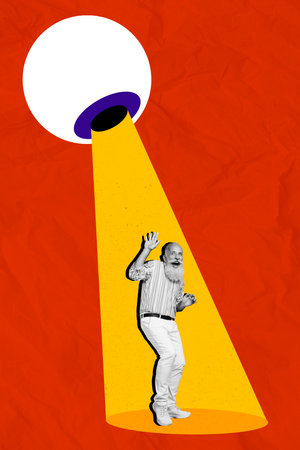 Vertical poster collage of old man scared by his boss huge eyeball spying how working progress going control isolated on red backgroundの写真素材