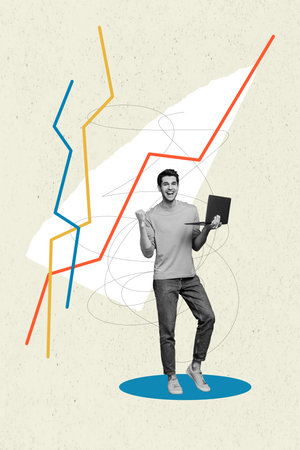 Vertical collage picture of black white gamma delighted guy use netbook raise fists growing charts statistics isolated on creative backgroundの写真素材
