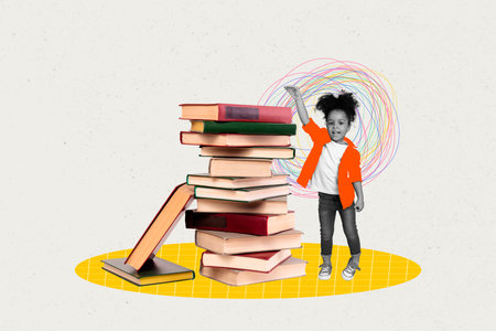 Composite photo artwork template collage little schoolgirl preteen height pile books new library materials isolated on grey backgroundの写真素材