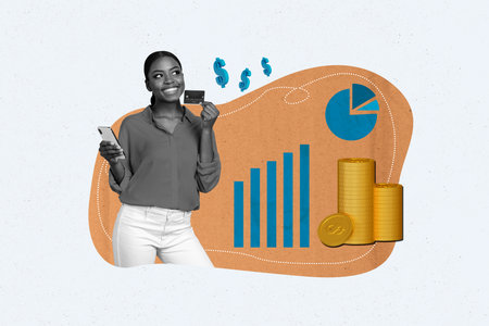 Creative collage picture of black white gamma girl hold smart phone debit card think money pile stack coins charts isolated on white backgroundの写真素材