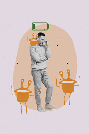 Banner template collage of aged man suffer terrible head ache low energy need recharge energy from painting image monstersの写真素材