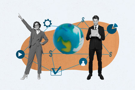 Banner poster template collage of two business people working together using worldwide network connection innovative technologyの写真素材