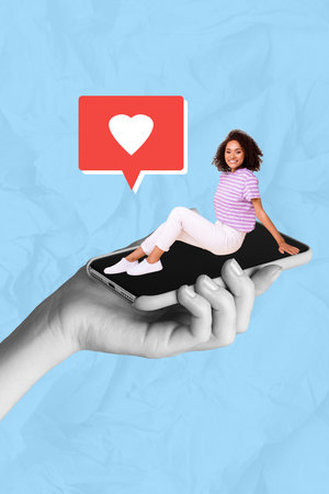 Photo collage advertisement of young blogging lady receive more likes her account big phone screen...