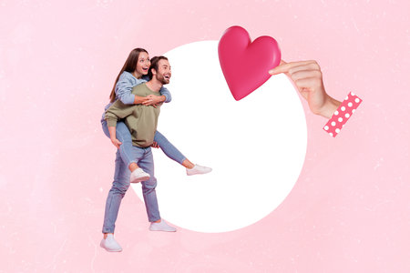Collage of full body length flirty bonding couple ride piggyback search their love story for life enchanted isolated on pink backgroundの写真素材