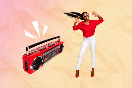 Composite designed artwork collage of young luxury girl glamour wear sunglass dance listen old...