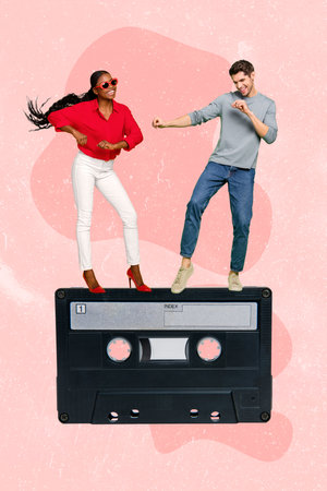 Photo sketch collage graphics artwork picture of happy smiling lady guy having fun dancing vintage...
